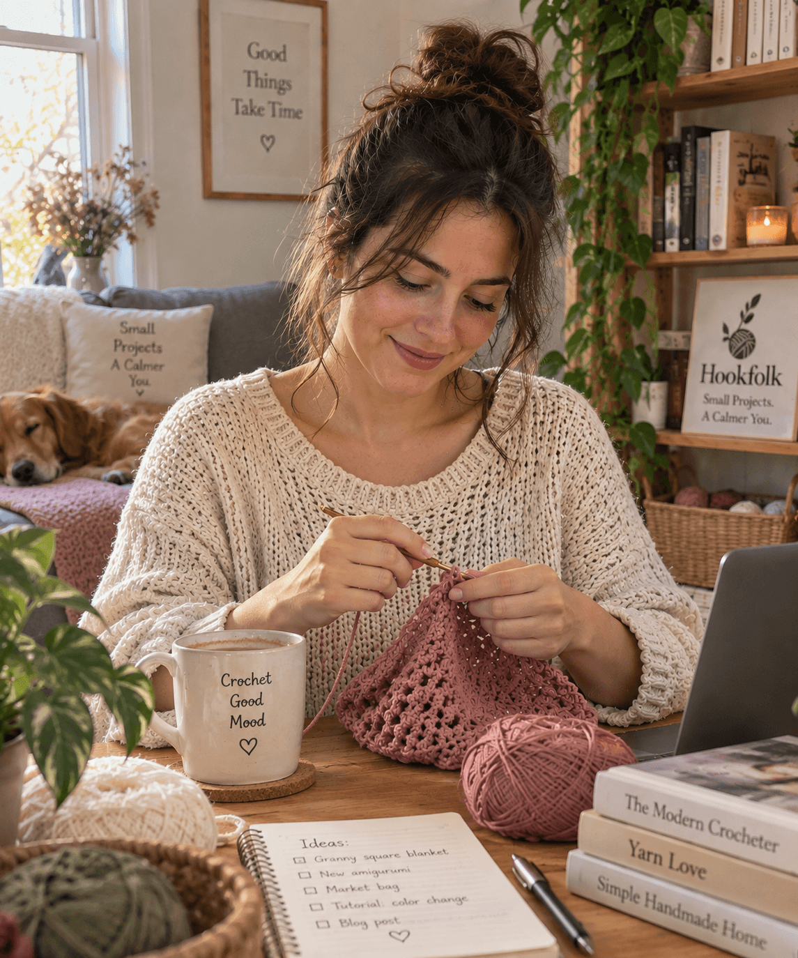 Crocheter working with dusty rose yarn in a cozy craft room