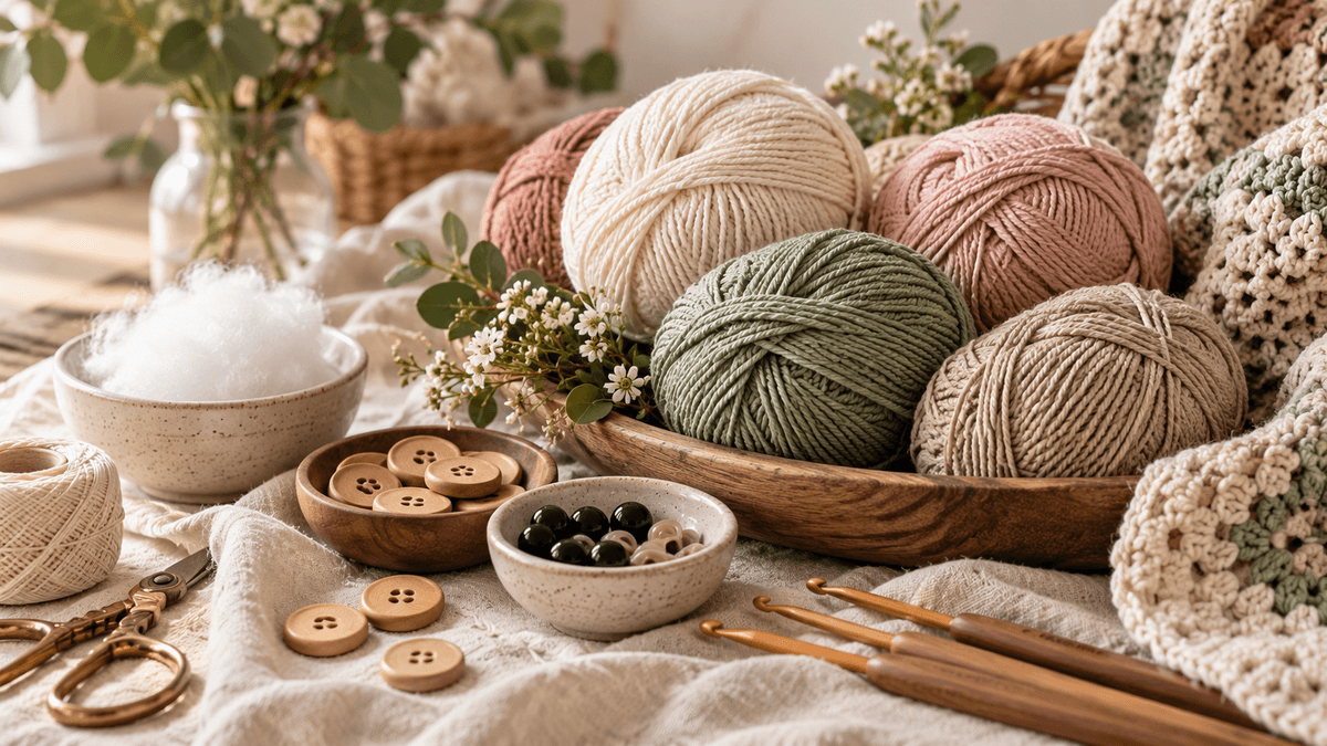 Crochet materials including yarn, stuffing, buttons and other craft supplies