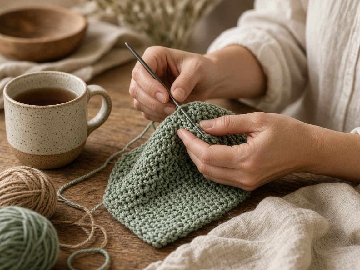 Hands crocheting soft green yarn beside a warm mug in natural daylight