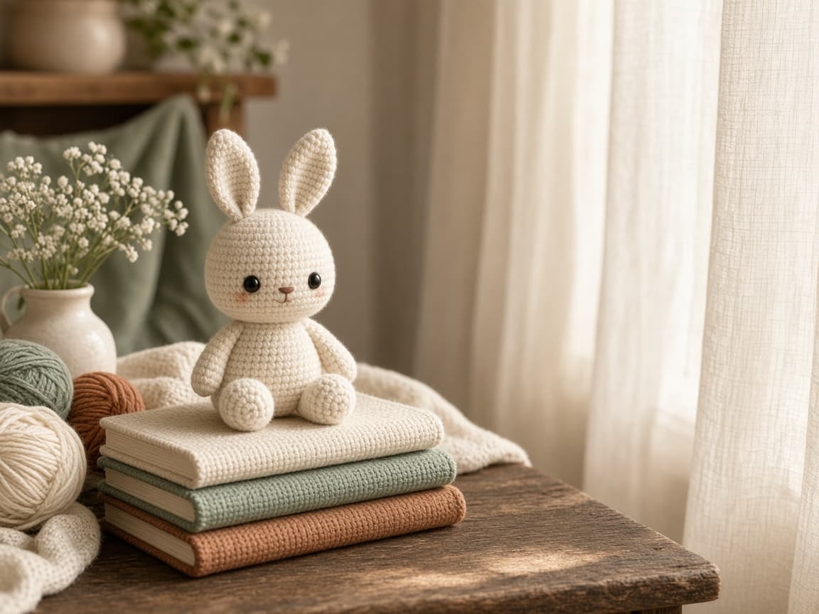 Cream crochet bunny amigurumi styled with yarn and books in a cozy craft room