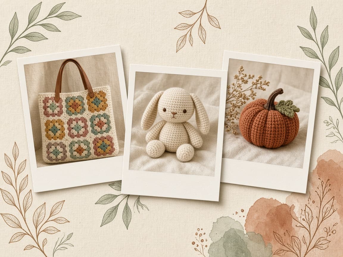 Editorial collage of HookFolk crochet projects styled like Pinterest inspiration boards